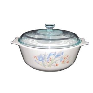 Vintage Pyrex England Blue Iris White Ceramic Casserole Dish w/ Lid